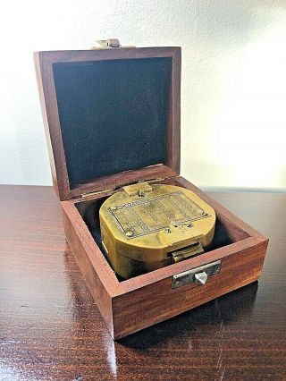 Vintage Brass Compass By Stanley London Natural Sine In Wooden Box