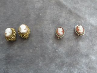 2 Pairs Of Antique Cameo Earrings Clip On 