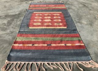Authentic Hand Knotted Woven Vintage Wool Kilim Area Rug 3.  10 X 1.  11 Ft