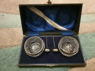 Antique Boxed Pair Solid Silver Topped Glass Salts With Spoons 1920 Henry Perkin