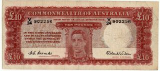 Rare Australia £10 Pounds P - 28d 1952 Coombs/wilson Prefix V