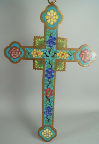 RARE ANTIQUE 19TH C QING DYNASTY CHINESE EXPORT CLOISONNE ENAMEL BRONZE CROSS NR 2