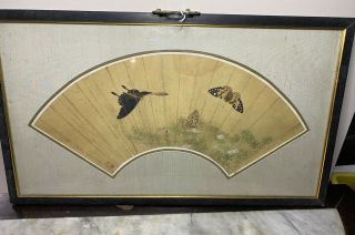 A Rare 19th Century Chinese Water Color And Ink Painting On Silk Fan