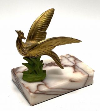 Vintage French Art Deco Metal Bird On Marble Base Paperweight Ornament