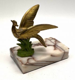 Vintage French Art Deco Metal Bird On Marble Base Paperweight Ornament 2