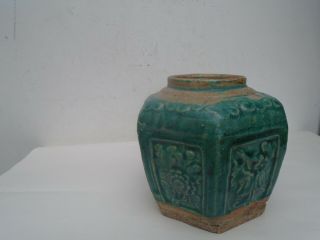 Lovely Chinese Antique Earthenware Ginger Jar With Unusual Green Glaze