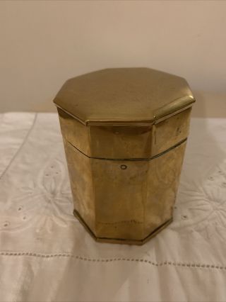 Arts And Crafts Hand Made Brass Eight Sided Canister With Hinged Lid