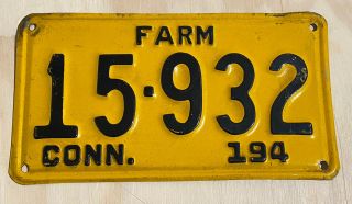 1940’s Vintage Farm License Plate Connecticut 15932 Rare No/ Multi Year Yellow