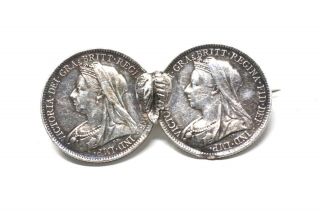 A Stunning Antique Victorian C1901 Sterling Silver 925 Six Pence Piece Brooch