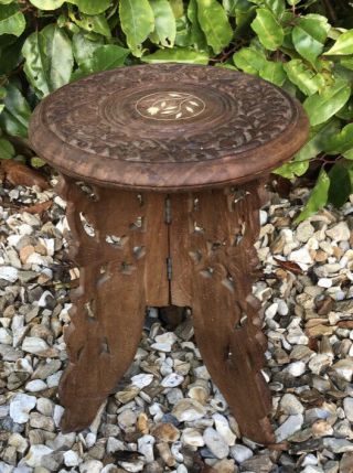 Vintage Indian Small Hand Carved Wooden 3 Legged Table Folding Stool -