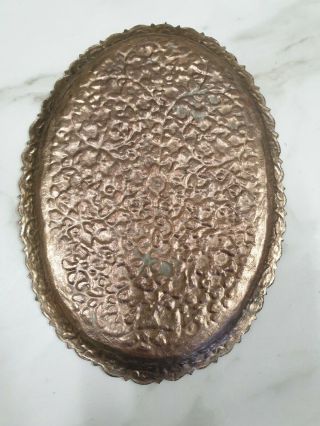 antique copper small oval ornate calling card tray 3