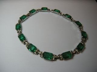 Rare Vintage Signed Jomaz " Flawed " Faux Emerald And Rhinestone Choker Necklace