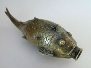 Rare Antique Indian Mughal Hindu Brass Bharani Powder Fish Flask Deity 18th Cent