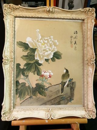 Vintage Chinese Painting On Silk,  Flowers/ Bird,  Signed,  Framed & Glazed,  (a28)