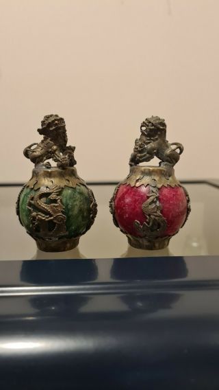 Rare Pair Vintage Chinese Silvered Dragon Foo Dog Green & Red Lucky Guardians