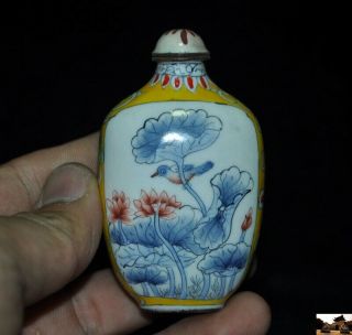 Old China Bronze Cloisonne Enamel Painted Flower Bird Lotus Pattern Snuff Bottle