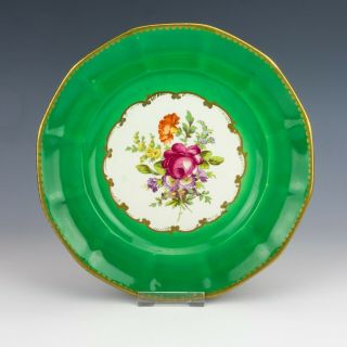 Antique English Pottery Flower Decorated Gilded Plate - With Green Borders