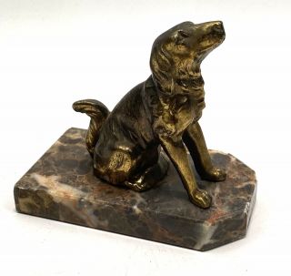 Vintage French Art Deco Metal Spaniel On Marble Base Paperweight Ornament