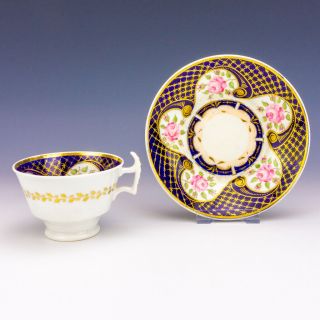 Antique English Porcelain - Hand Painted Flower Gilded Cobalt Blue Cup & Saucer