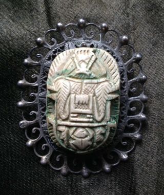 Antique Vintage French Art Deco Egyptian Revival Scarab Silver Brooch Pendant