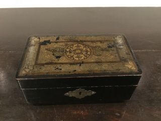 19th C Small Wooden Ebonised Box With Brass Feet And Mirror In Lid