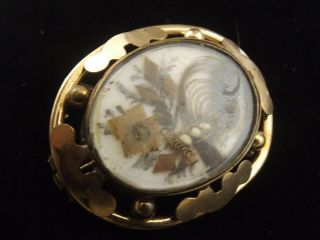 Antique Victorian mourning brooch picture made of hair gold plate 2