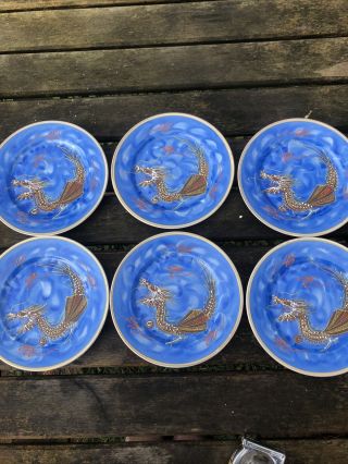 Vintage Japanese Moriage Blue Dragon Ware Tea Plates X 6