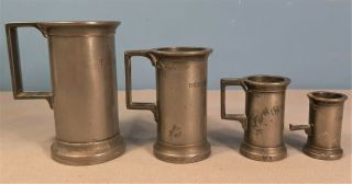 Antique Set Of 4 French Pewter Measure Tankards/mugs - Decilitre,  Centilitre Etc