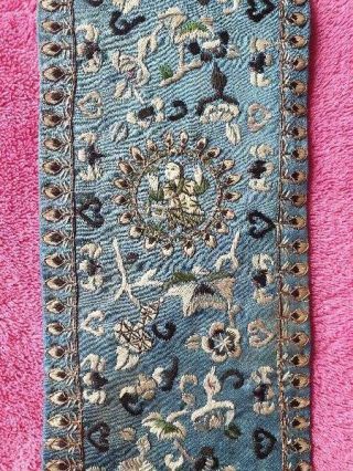 Antique Vintage Hand Embroidered Chinese Silk Hanging Panel Blue Embellishment