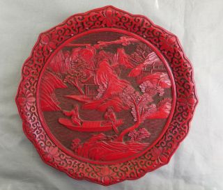 Vintage Chinese Carved Red Cinnabar Lacquer Plate