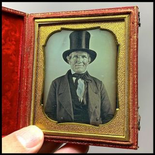 Sixth - Plate Daguerreotype Of Old Man With Stovetop Hat In Rare Red Case