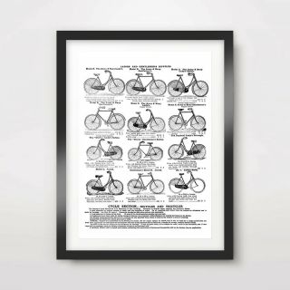 Vintage Bike Line Drawings Art Print Poster Vintage Illustration Wall Chart