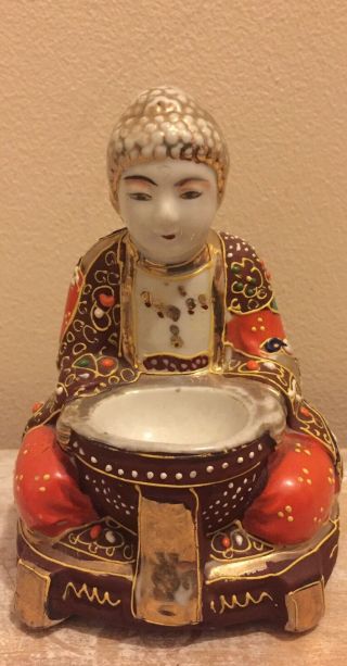 Vintage Japanese Satsuma Moriage Buddha Figurine Incense Burner 4.  5 "
