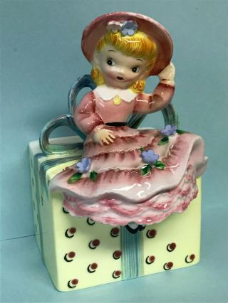 Very Rare Vintage Miss Dainty Sitting On Present Wall Pocket Planter