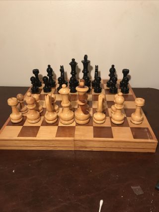 Rare Vtg Huge Custom Jumbo 11” Carved Wooden Chess Set W/ 27” Playing Board Box