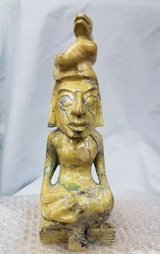 Hand Carved Stone Priest Mayan Aztec Statue Totem Tribal Snake Headdress Rare