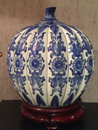 Large 20th Century Chinese Blue & White Porcelain Lidded Jar With Stand