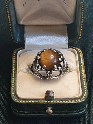 Antique Sterling Silver And Tigers Eye Ring Size P