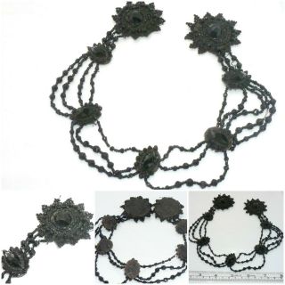 Antique Victorian French Jet Beaded Choker Swag Collar Necklace Trimmings A/f