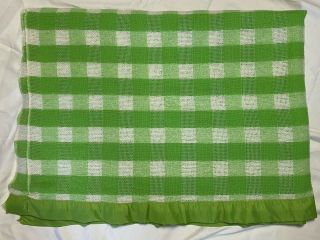 Vintage Satin Trim Acrylic Blanket Lime Checked Green Waffle Weave 92 " X 66 "