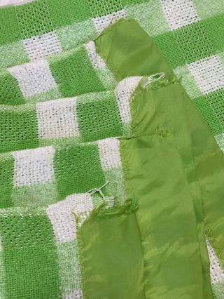 Vintage Satin Trim Acrylic Blanket Lime Checked Green Waffle Weave 92 