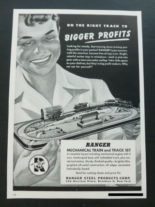 Vtg Rare 1948 Dealer Ad - Ranger Mechanical Wind Up Tin Litho Train 1948 Toy