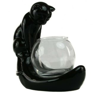 Royal Haeger Black Cat Ceramic Figurine Glass Fish Bowl Bowl