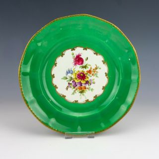 Antique English Pottery - Flower Decorated Gilded & Green Borders Plate