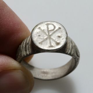 Museum Quality Ancient Early Byzantine Silver Seal Ring Depicting Christogram Ca