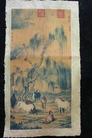 Fine Old Large Chinese Paper Painting Washing Horses With Marks