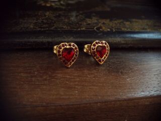 Vintage Jewellery Ruby Red Crystal Heart Pierced Earrings.  Gold Plated