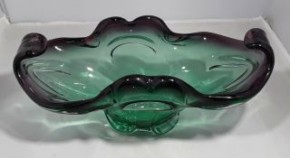 Vintage Retro Murano Art Glass Fancy Dish In Green & Purple