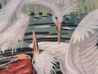 Rare Vintage Swirling Egrets Barkcloth Remnant In Good