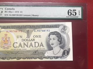 Ultra Rare 1973 Bank Of Canada $1 Banknote Pmg Gem Unc65 Epq
